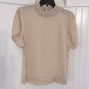 Sam Edelman Beige Lightweight Short Sleeve Top with Beautiful Woven Neckline